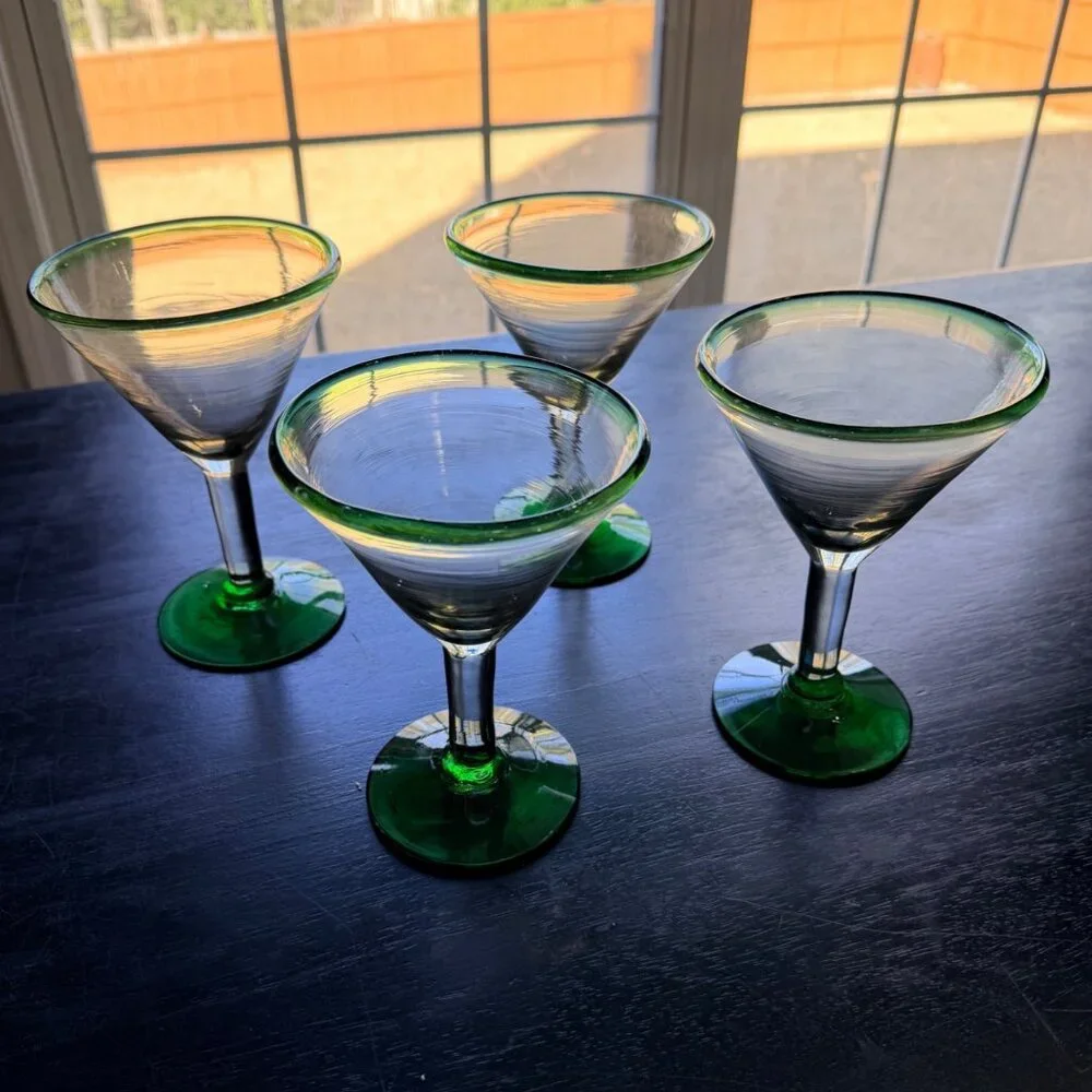 Vintage Mexican Green Rim Margarita‎ Glasses 8 oz Set of Four
